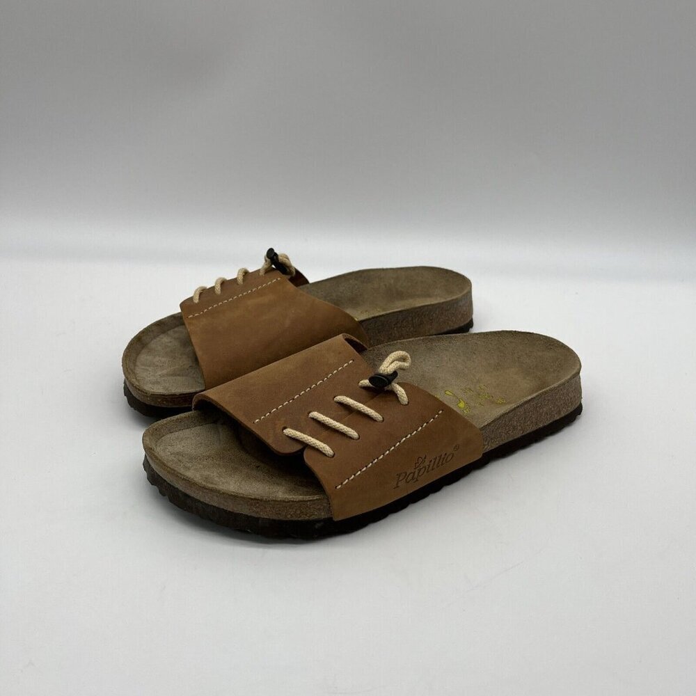 Vtg Birkenstock Papillio Leather Laced Wide Band Slides Womens 7 (38) Brown - Picture 2 of 11